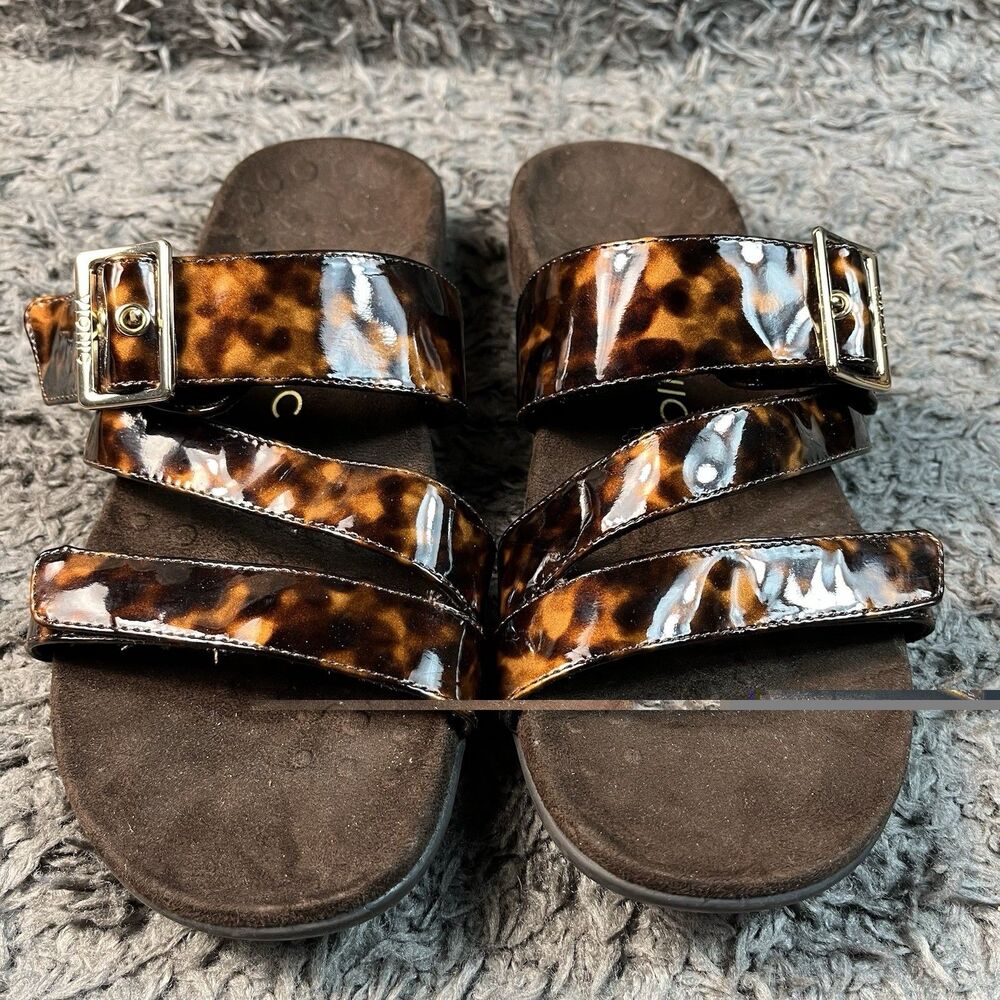 Vionic Skylar Sandals Women’s 9 Tortoise Patent Adjustable Slides Comfort